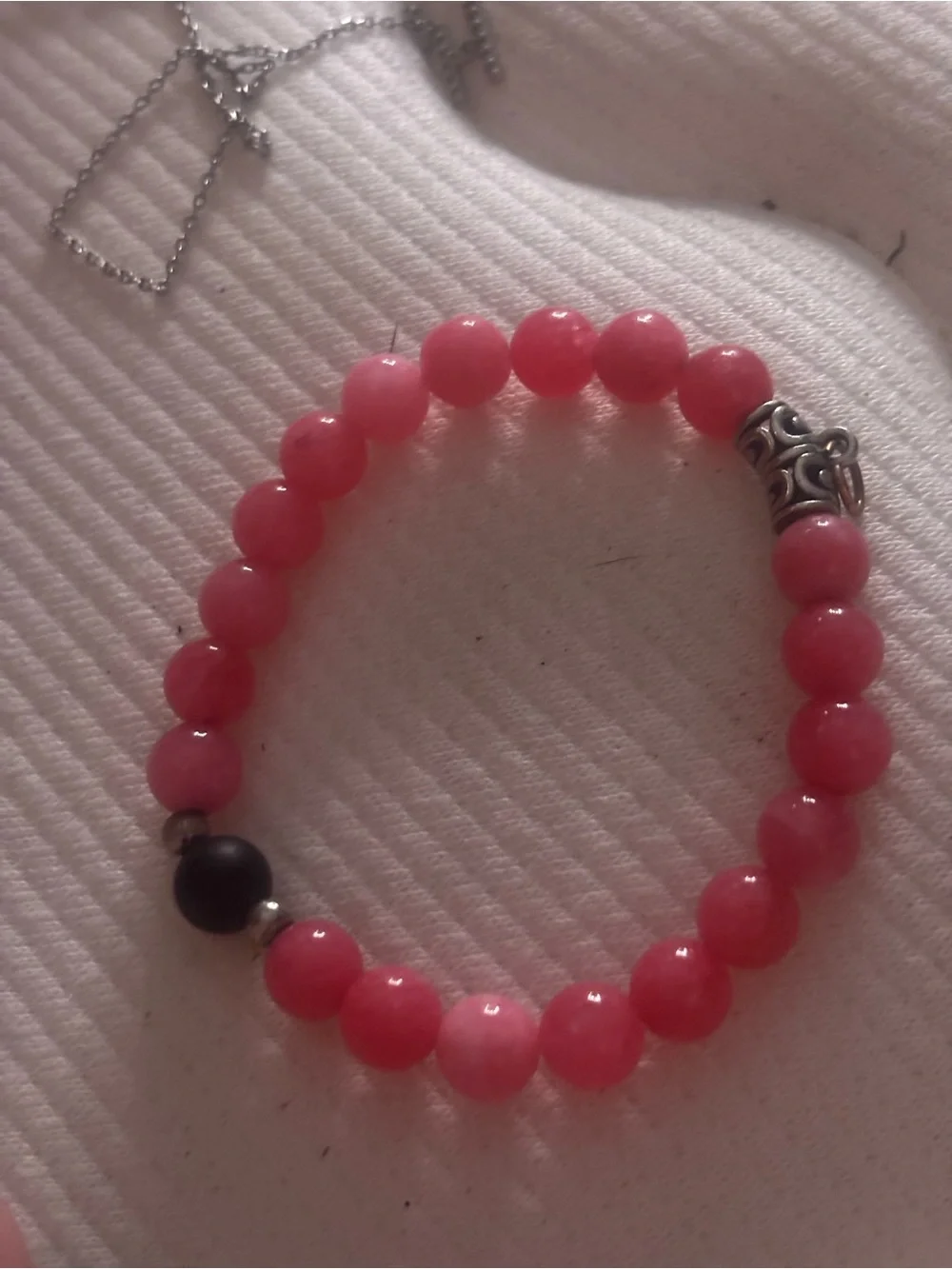 Pink Beaded Stretch Bracelet with Silver Accent